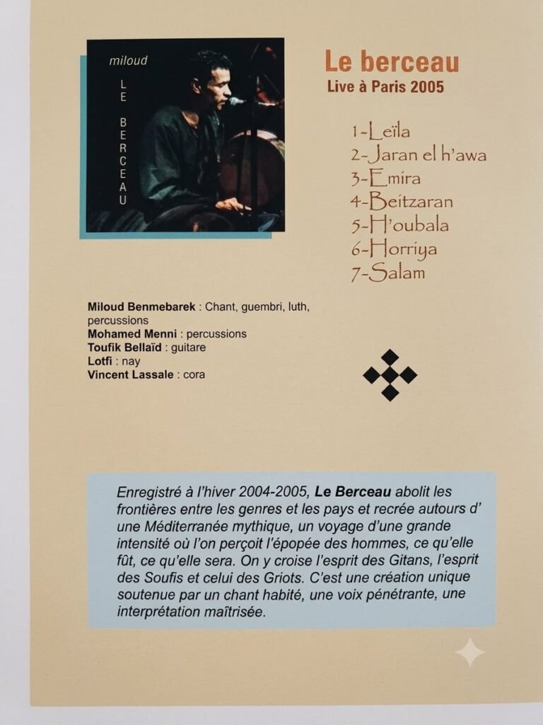 Miloud Benmebarek en concert, chant et guembri — verso de la pochette de l'album Le Berceau