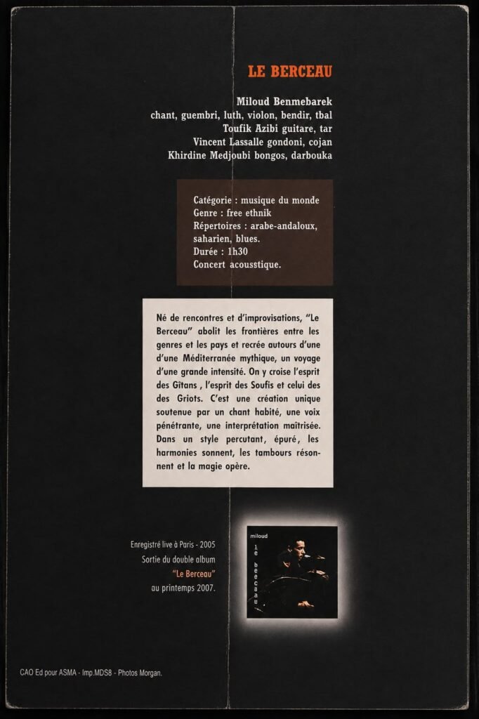 Verso du dossier de présentation du spectacle Le Berceau : distribution, genre, durée et texte de présentation