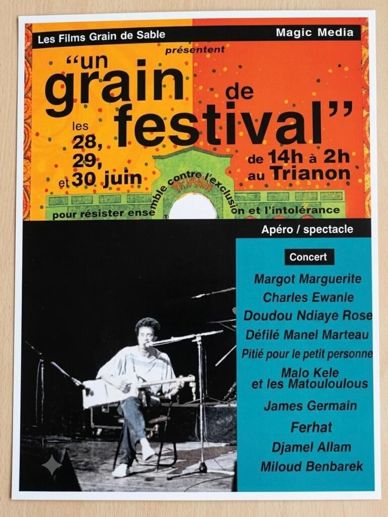 Affiche colorée « un grain de festival » au Trianon, avec la liste du concert et une photo de scène en noir et blanc